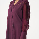 Wine Shirt Dress with Shimmering Embroidered Sleeves