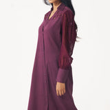 Wine Shirt Dress with Shimmering Embroidered Sleeves