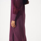 Wine Shirt Dress with Shimmering Embroidered Sleeves