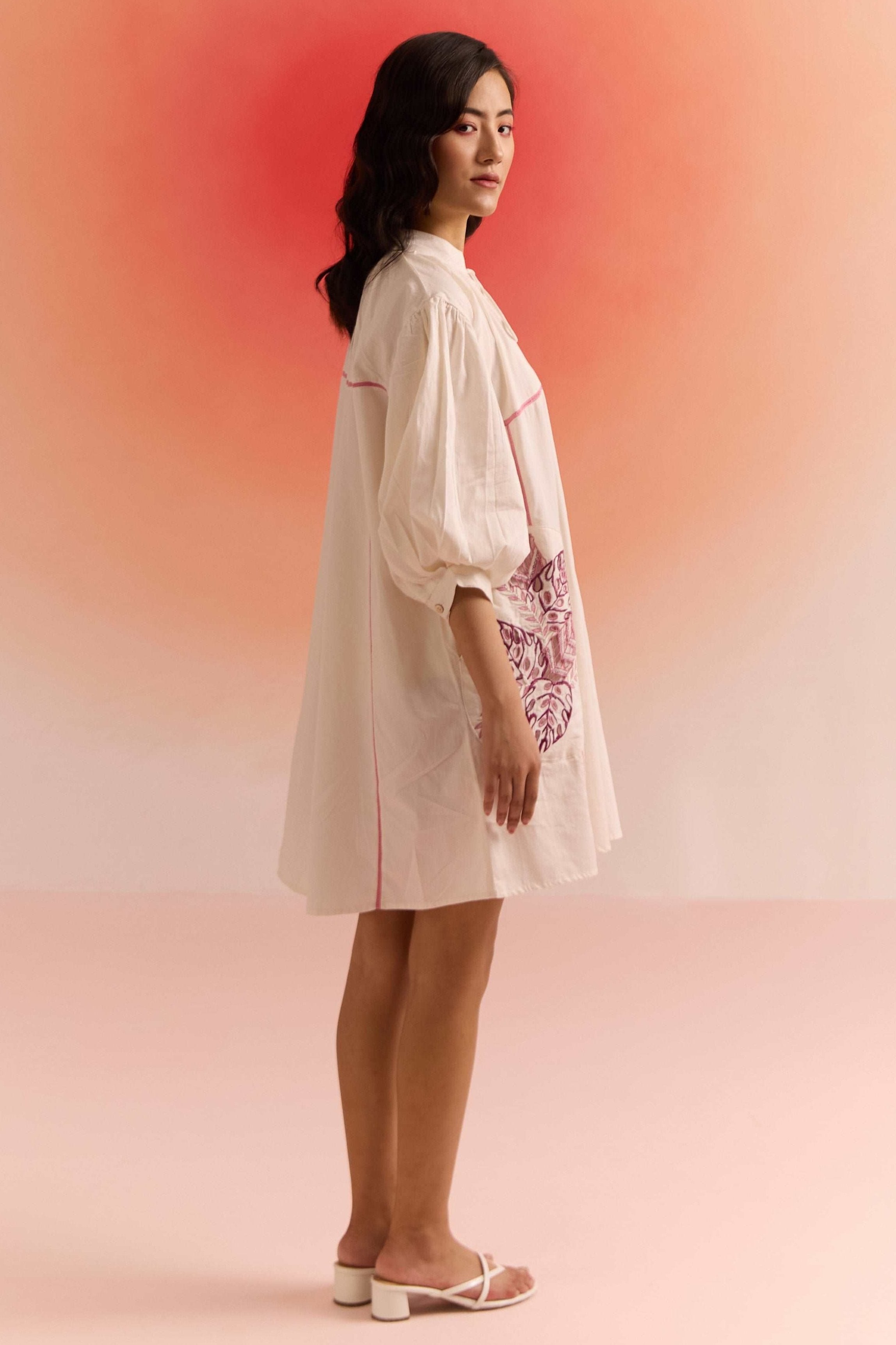 Oversized Off White Dress With Cut Work Embroidered Pocket