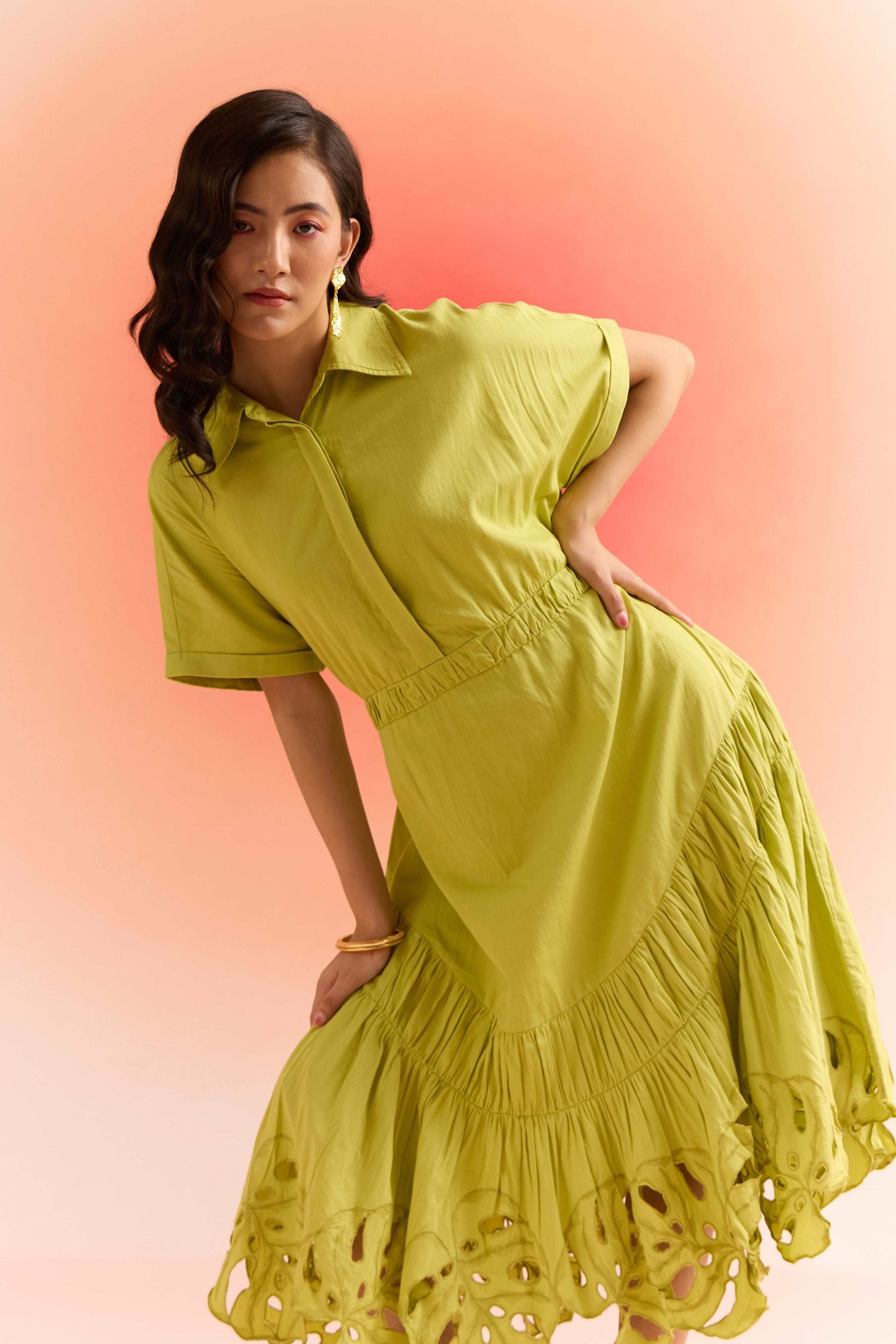 Green Long Dress with Leaves Cutwork Embroidery on Bottom