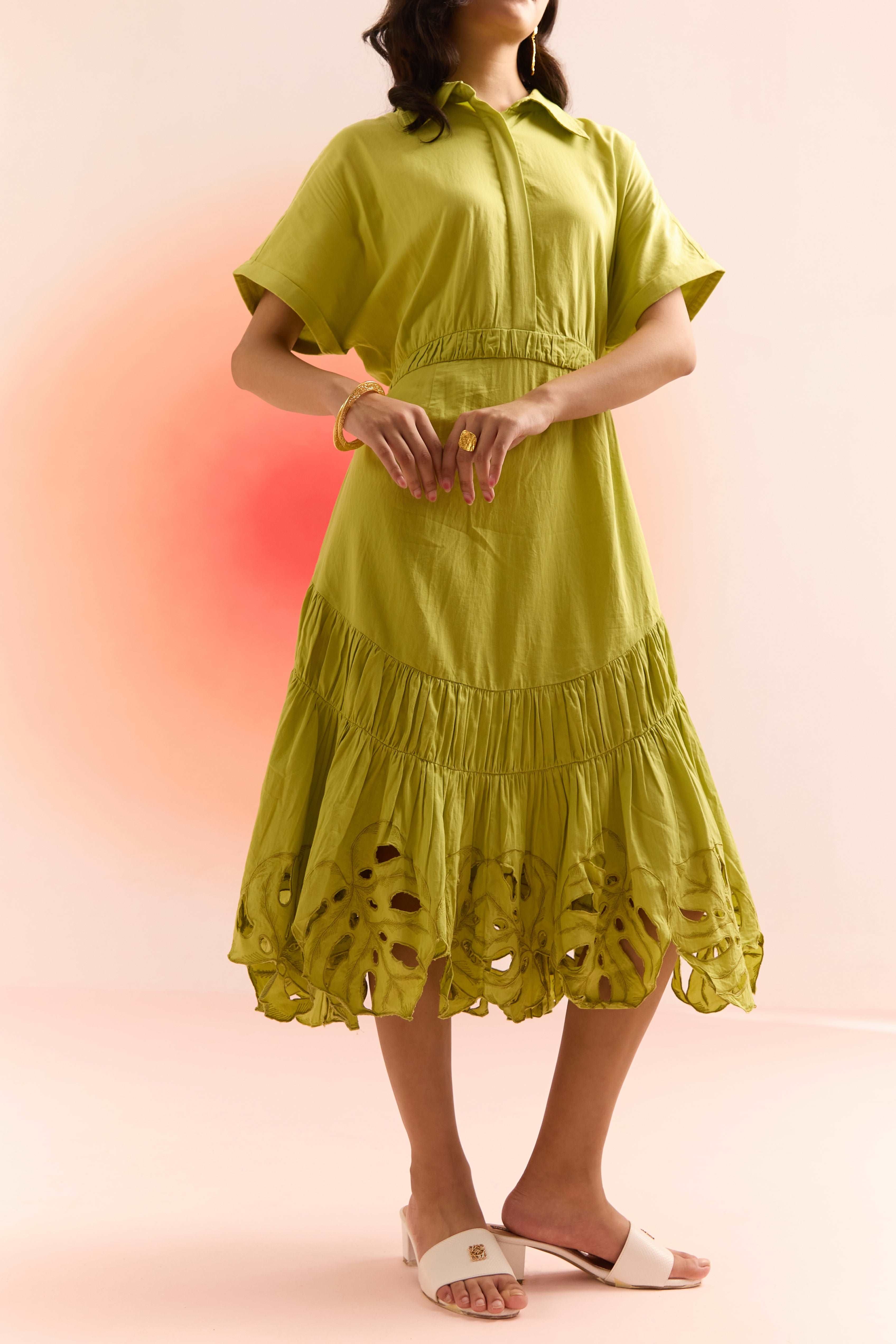 Green Long Dress with Leaves Cutwork Embroidery on Bottom
