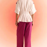 Off White Drop Shoulder Embroidered Top With Wine Straight Fit Trouser Cordset