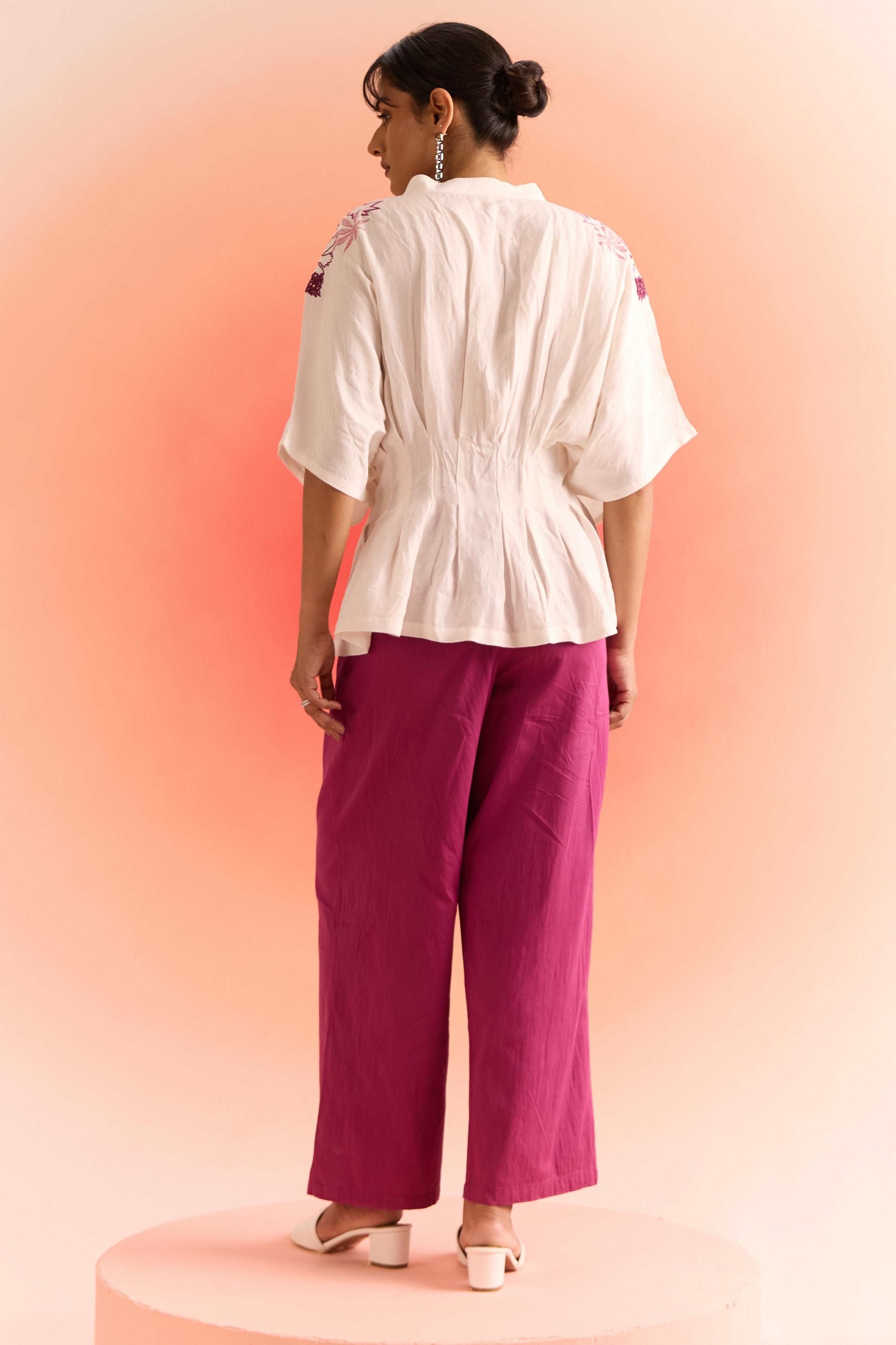 Off White Drop Shoulder Embroidered Top With Wine Straight Fit Trouser Cordset