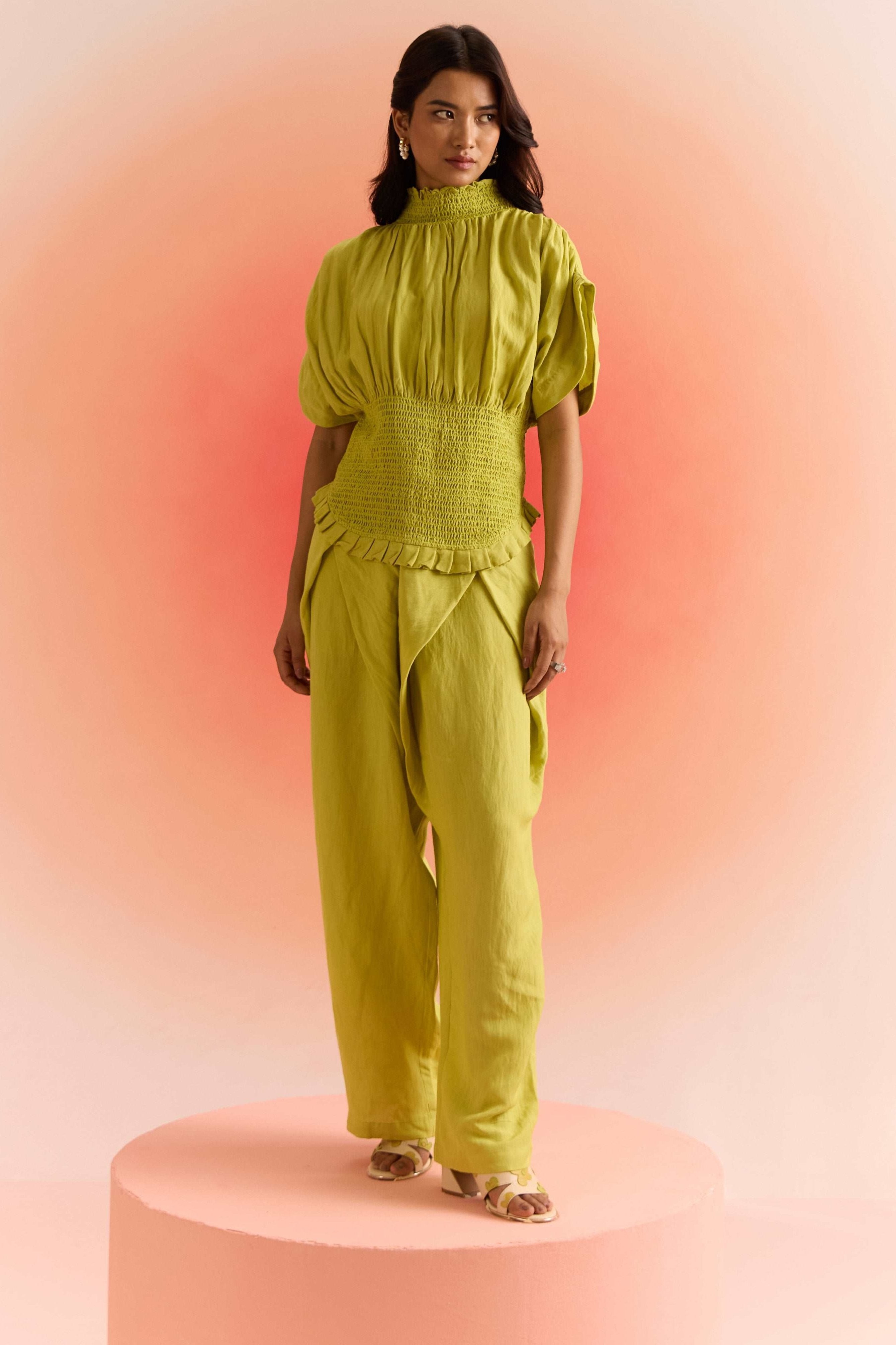 Smoked Top with Pleated Sleeves and Wrap Trouser Cordset