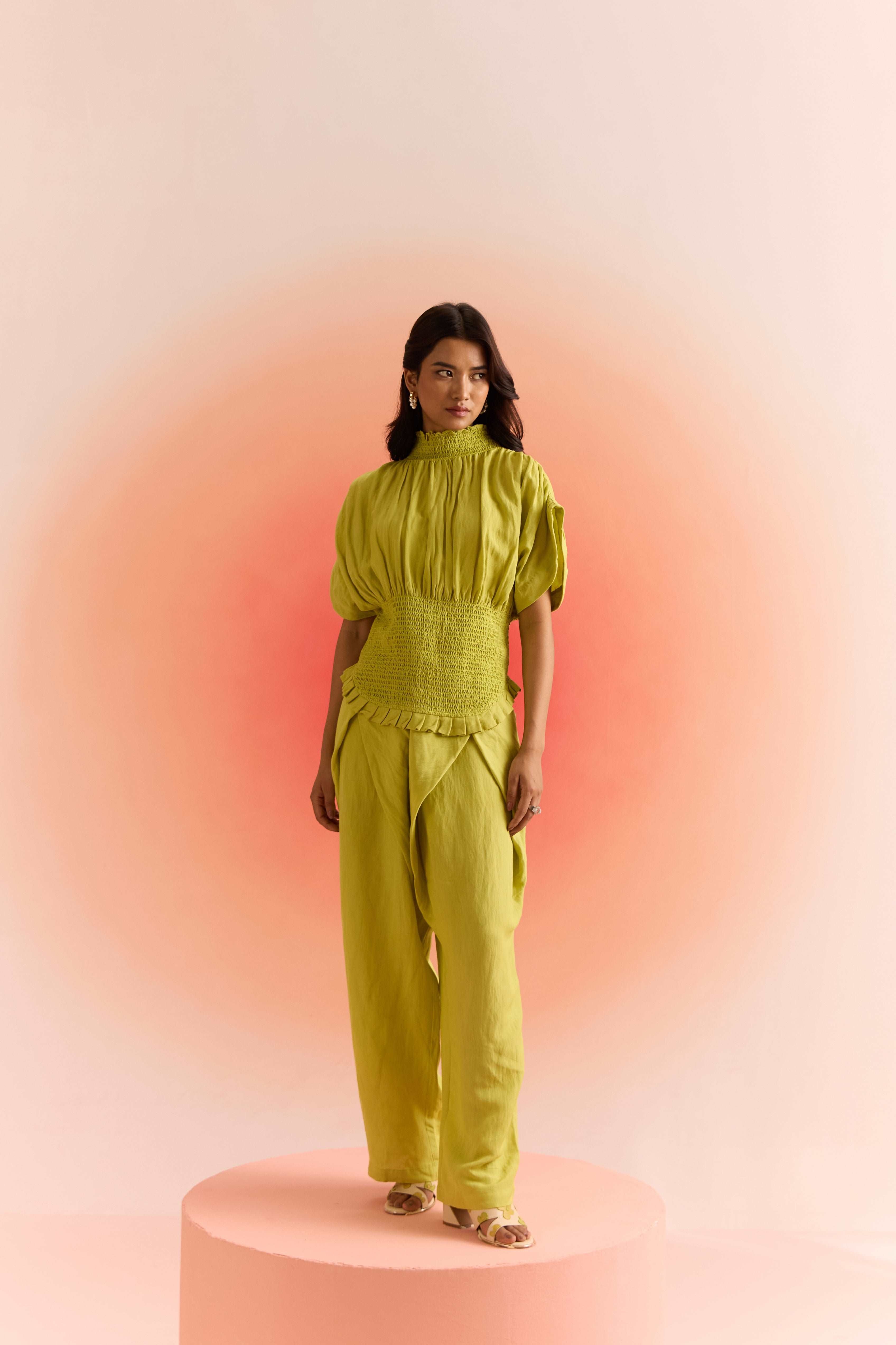 Smoked Top with Pleated Sleeves and Wrap Trouser Cordset