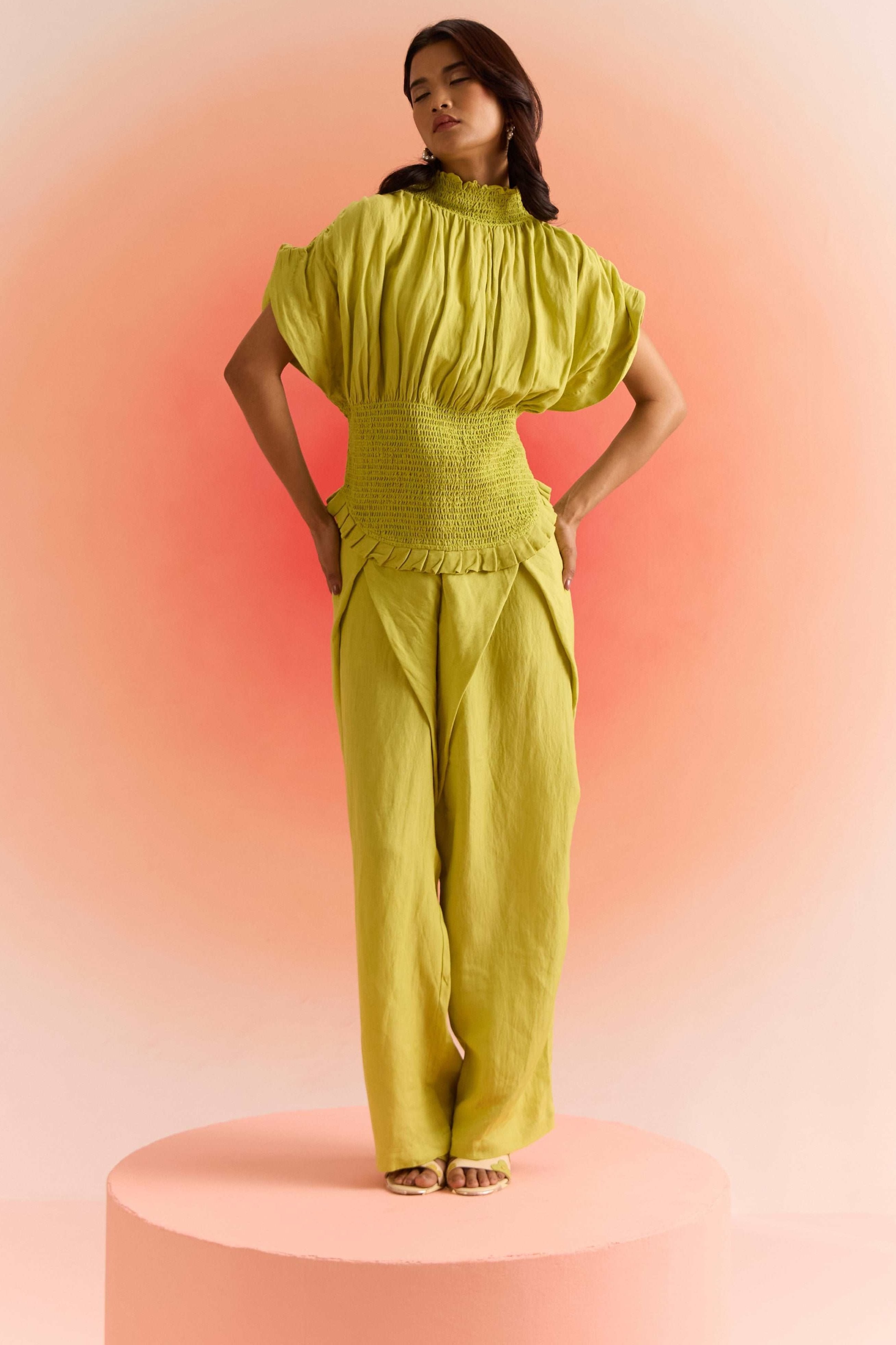 Smoked Top with Pleated Sleeves and Wrap Trouser Cordset