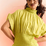 Green Smocked Top with Pleated Sleeves and Smocked Neck