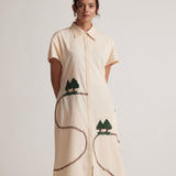 Off White Long Shirt Dress With Front and Back Tree Embroidery