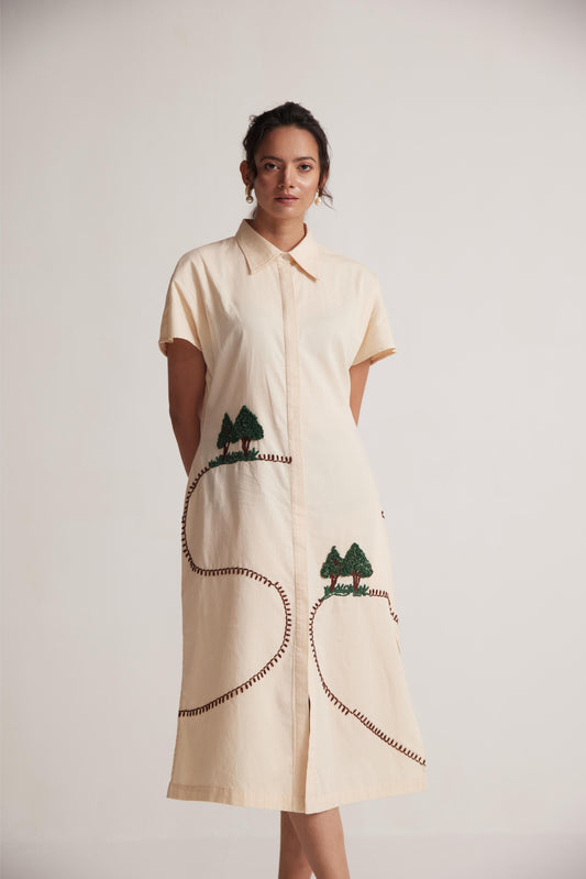 Off White Long Shirt Dress With Front and Back Tree Embroidery