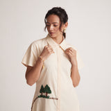 Off White Long Shirt Dress With Front and Back Tree Embroidery