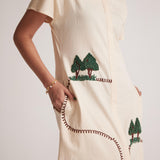 Off White Long Shirt Dress With Front and Back Tree Embroidery