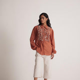 Rust Cotton Full Sleeve Shirt with Front Ruffles - Western Era  Tops