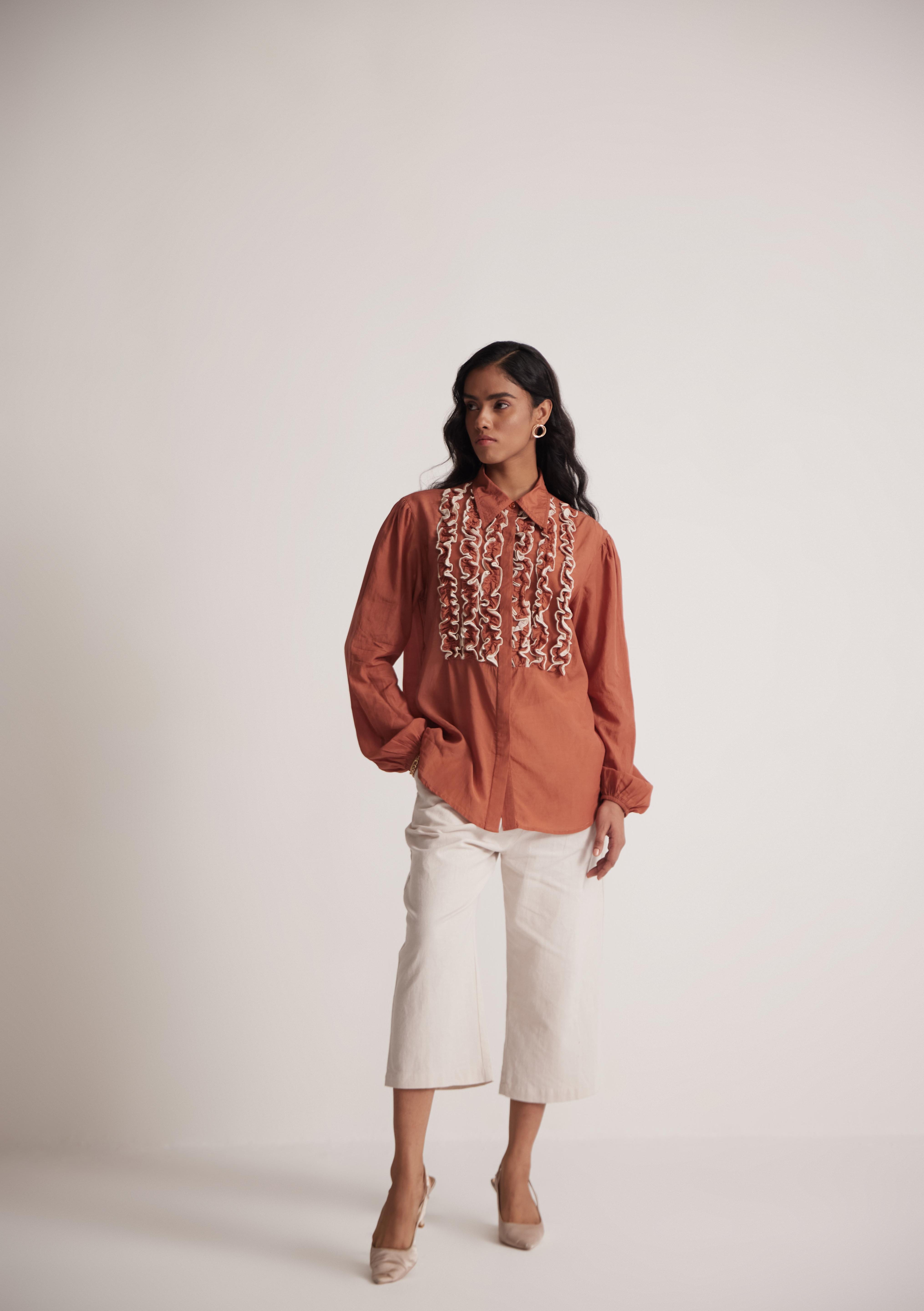 Rust Cotton Full Sleeve Shirt with Front Ruffles - Western Era  Tops