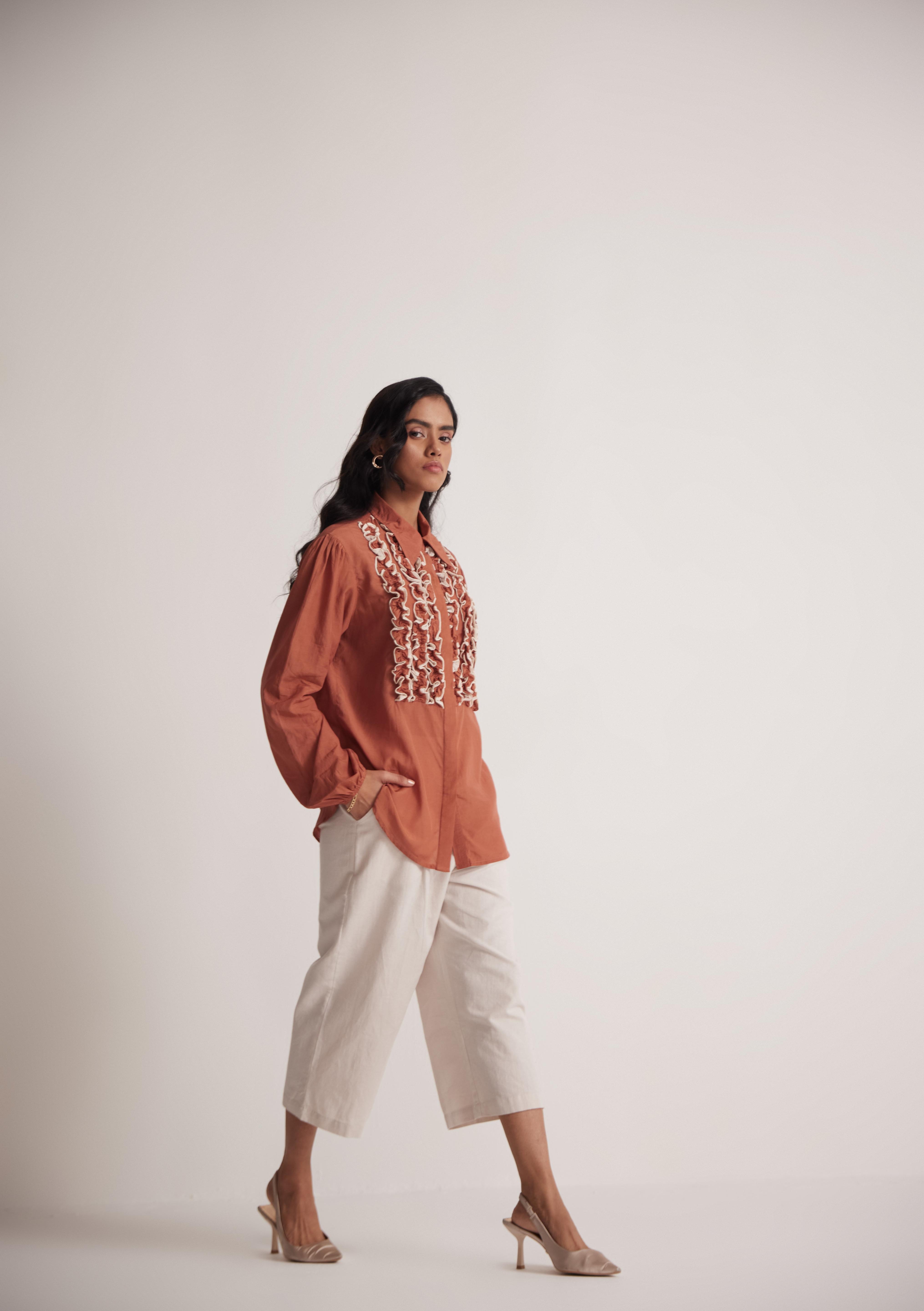 Rust Cotton Full Sleeve Shirt with Front Ruffles - Western Era  Tops