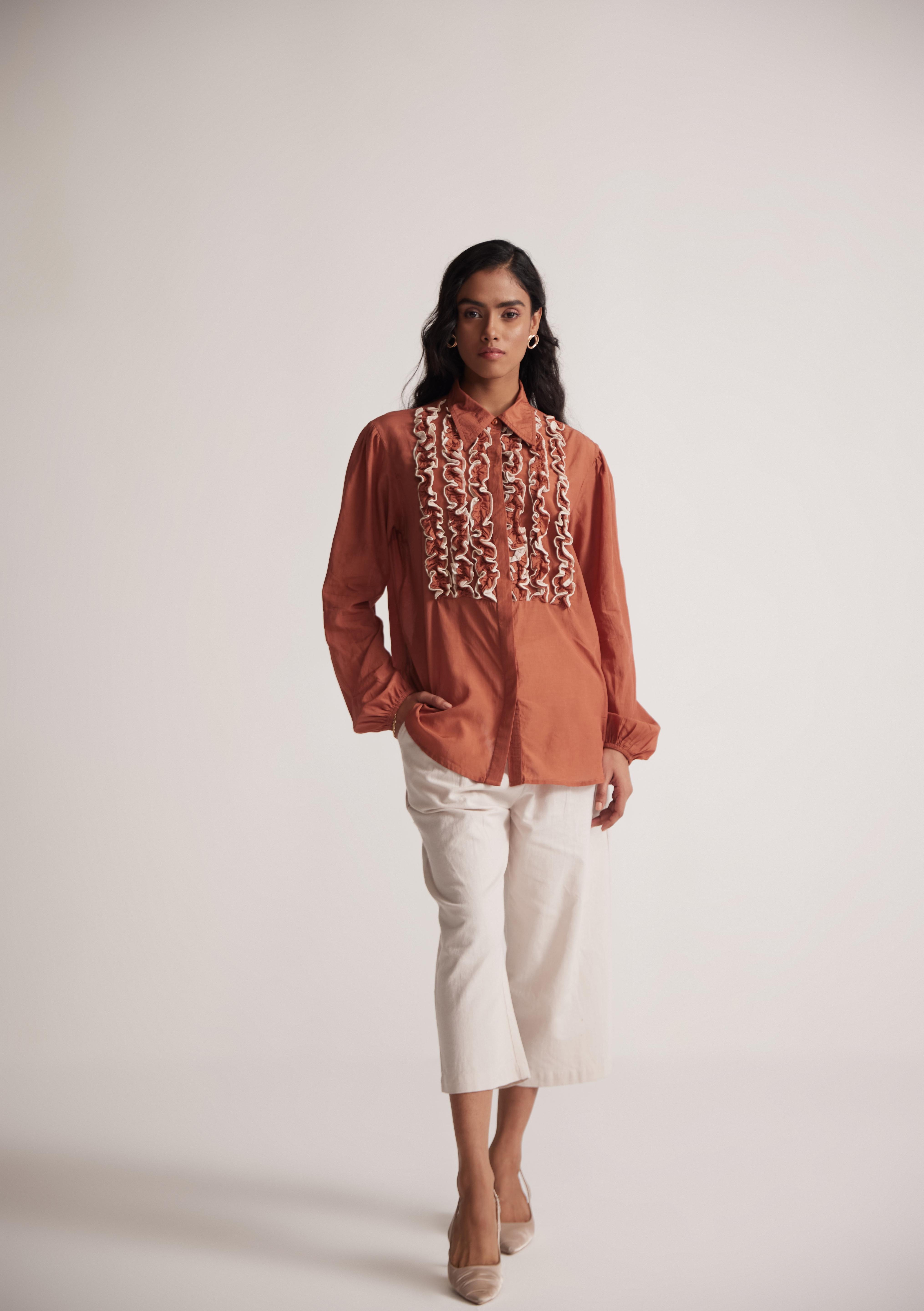 Rust Cotton Full Sleeve Shirt with Front Ruffles - Western Era  Tops