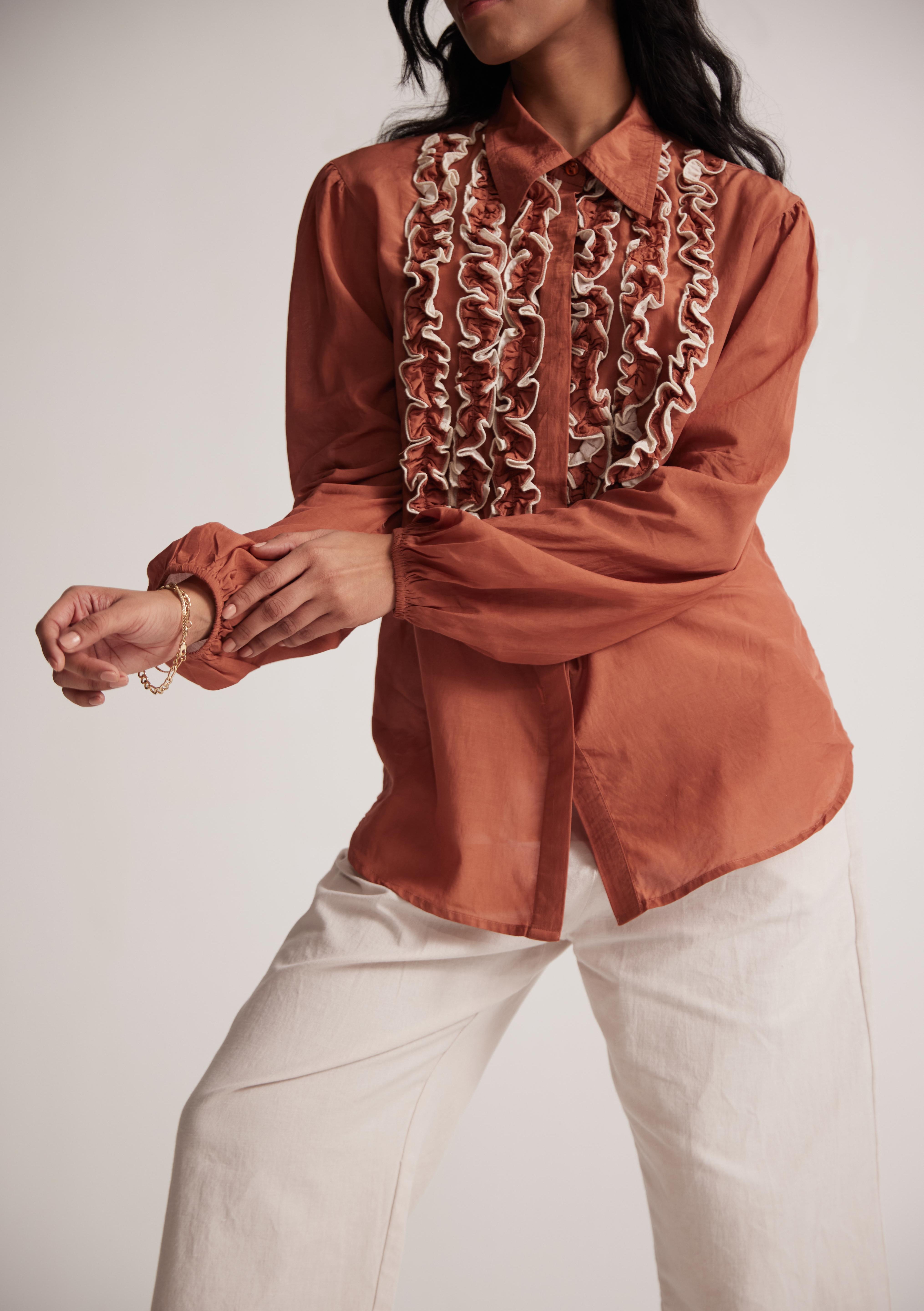 Rust Cotton Full Sleeve Shirt with Front Ruffles - Western Era  Tops