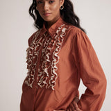 Rust Cotton Full Sleeve Shirt with Front Ruffles