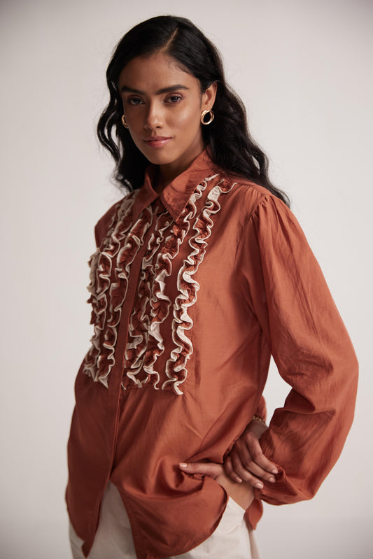 Rust Cotton Full Sleeve Shirt with Front Ruffles - Western Era  Tops