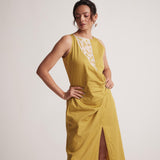 Yellow Mid Dress with Side Drape and Mother Pearls Embellished on The Front Yoke - Western Era  Dresses
