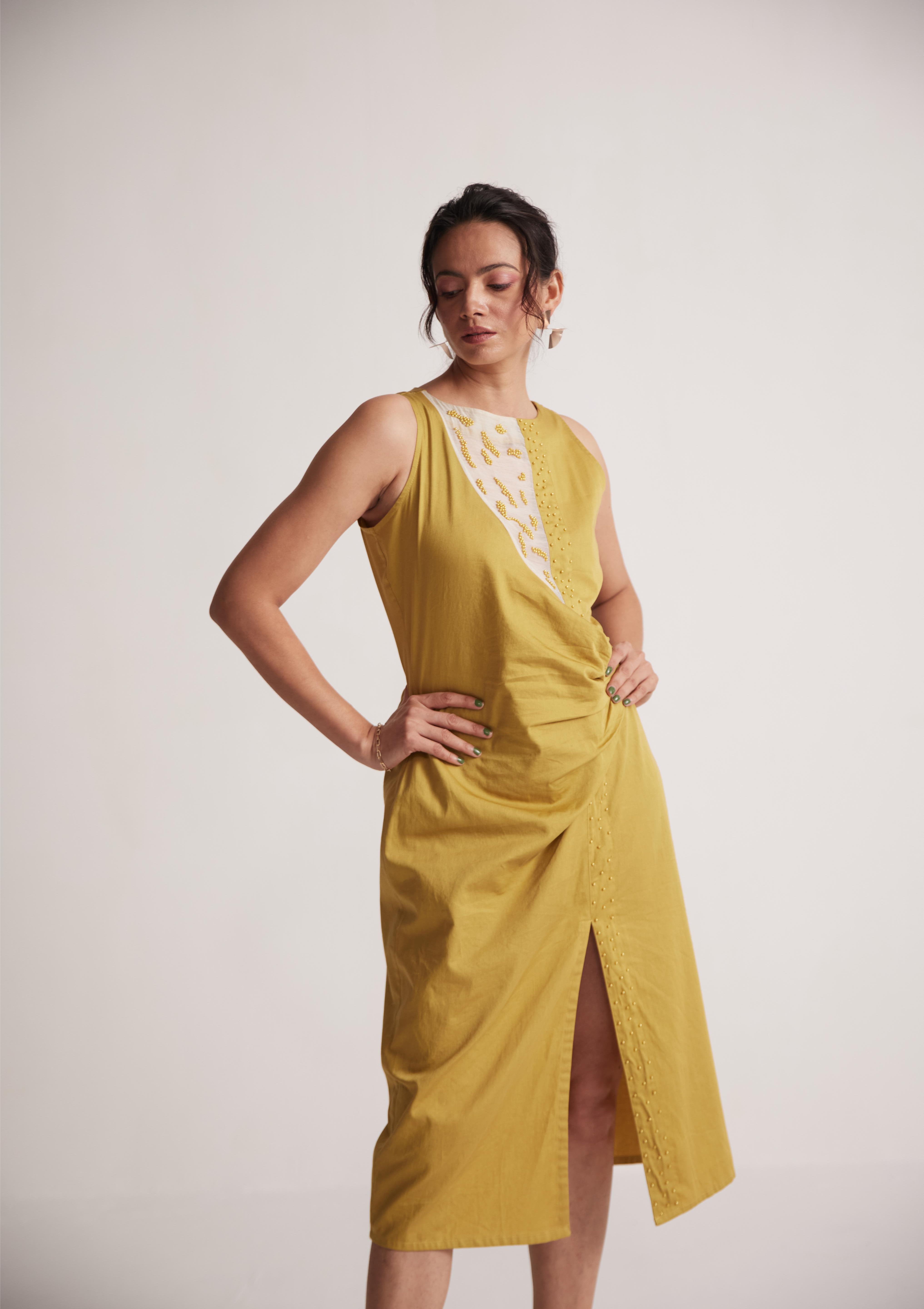 Yellow Mid Dress with Side Drape and Mother Pearls Embellished on The Front Yoke - Western Era  Dresses
