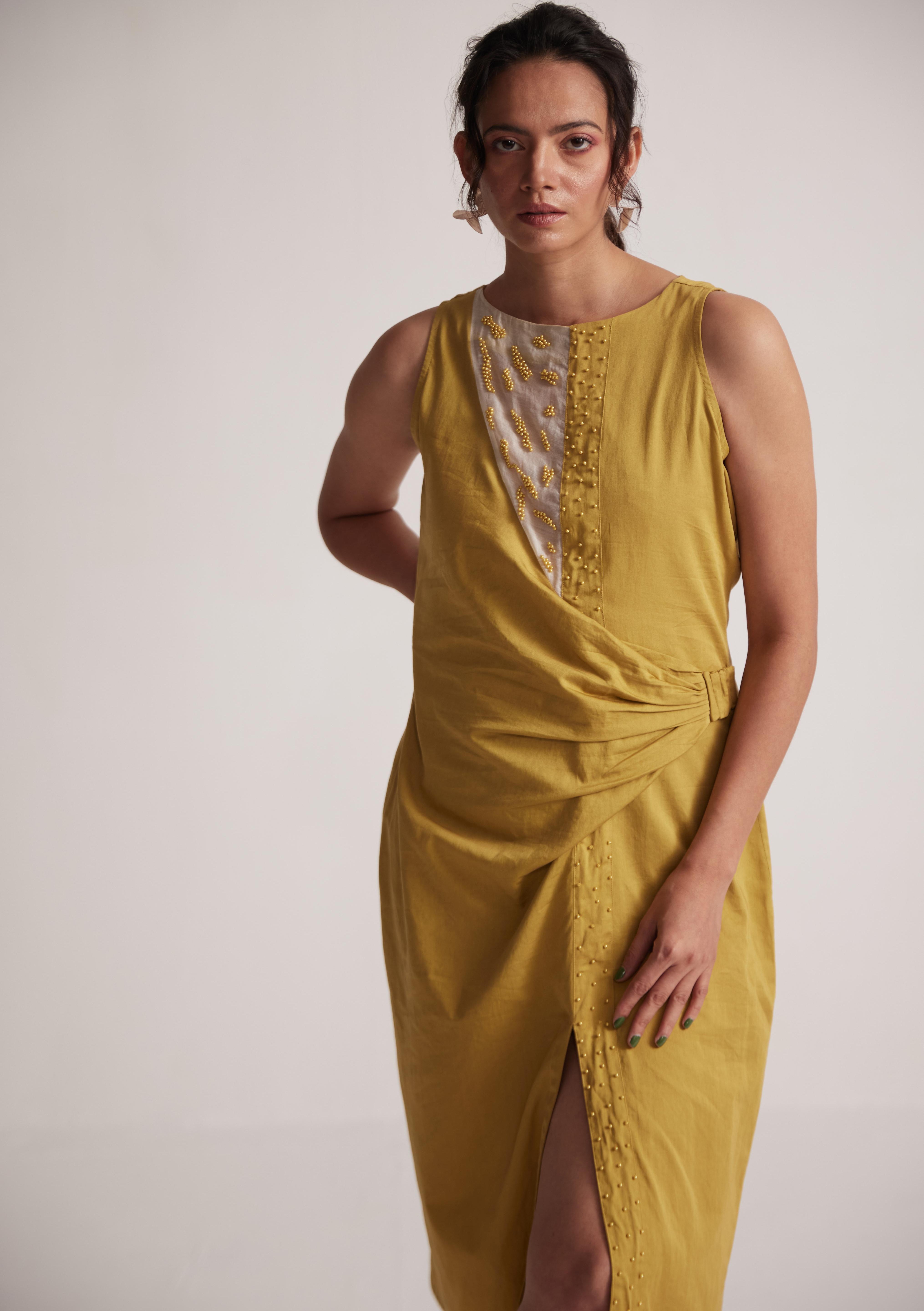 Yellow Mid Dress with Side Drape and Mother Pearls Embellished on The Front Yoke - Western Era  Dresses