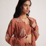 Rust Chanderi Jacket With Zari Mandala Patch Work And Front Zip - Western Era  Embroidery