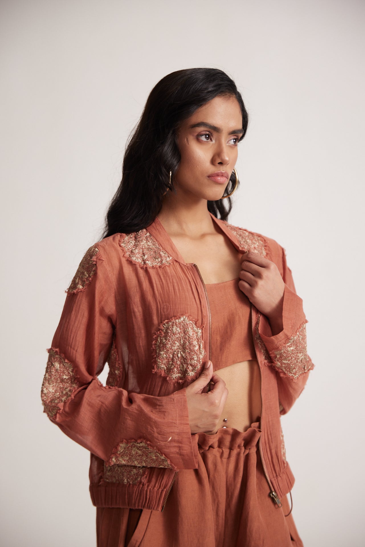 Rust Chanderi Jacket With Zari Mandala Patch Work And Front Zip - Western Era  Embroidery