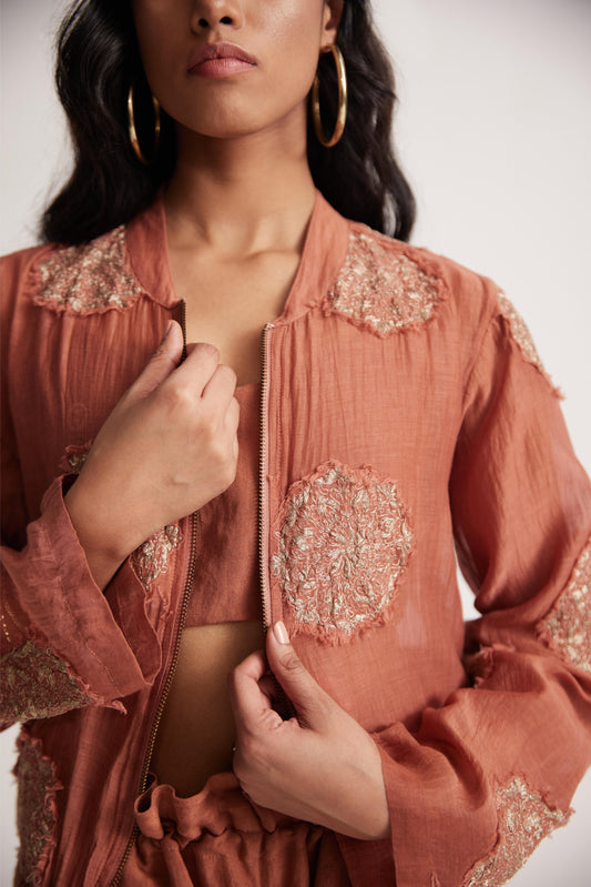 Rust Chanderi Jacket With Zari Mandala Patch Work And Front Zip - Western Era  Embroidery