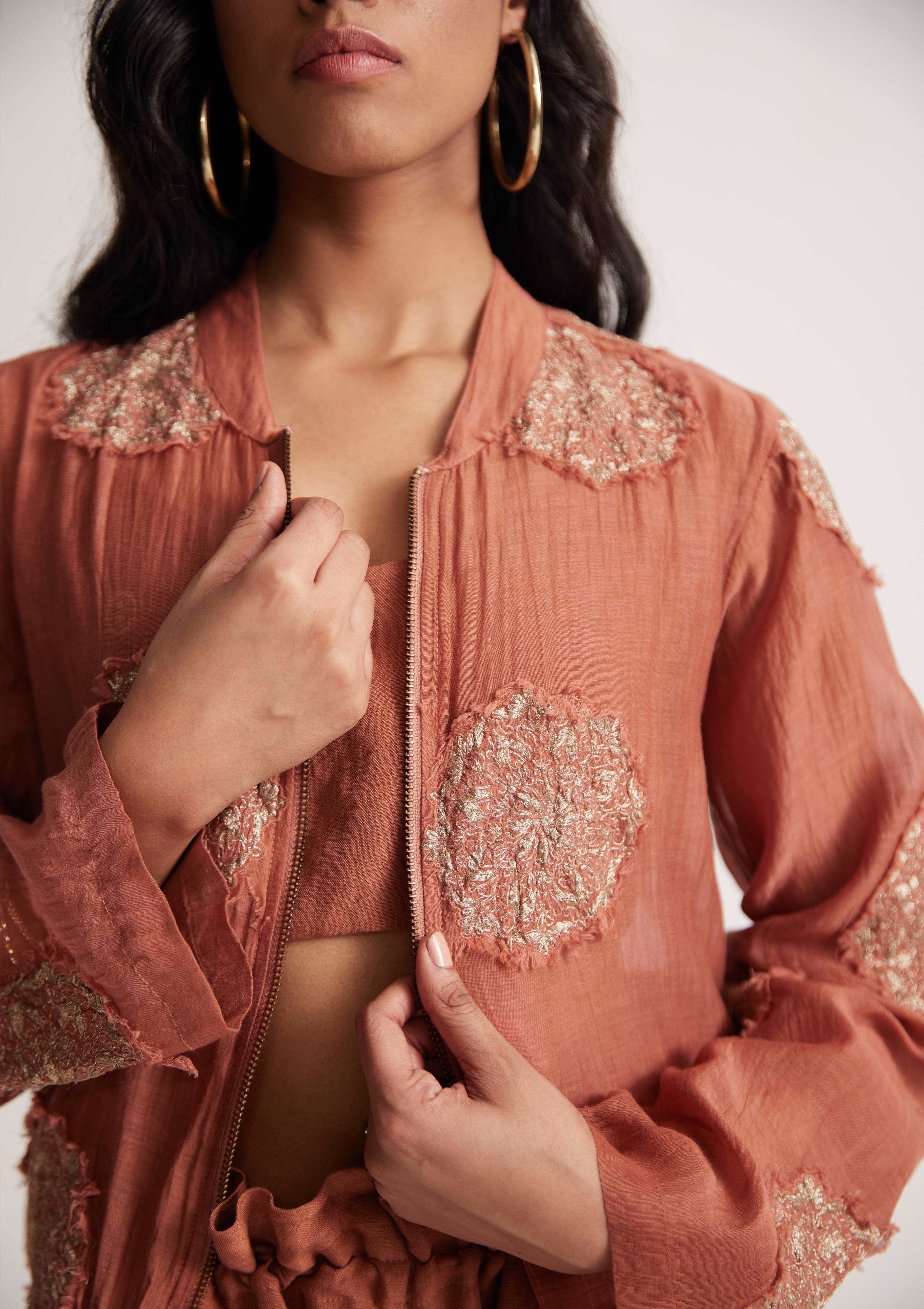 Rust Chanderi Jacket With Zari Mandala Patch Work And Front Zip - Western Era  Embroidery