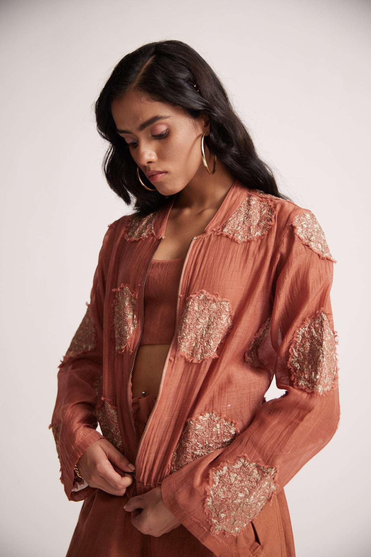 Rust Chanderi Jacket With Zari Mandala Patch Work And Front Zip - Western Era  Embroidery