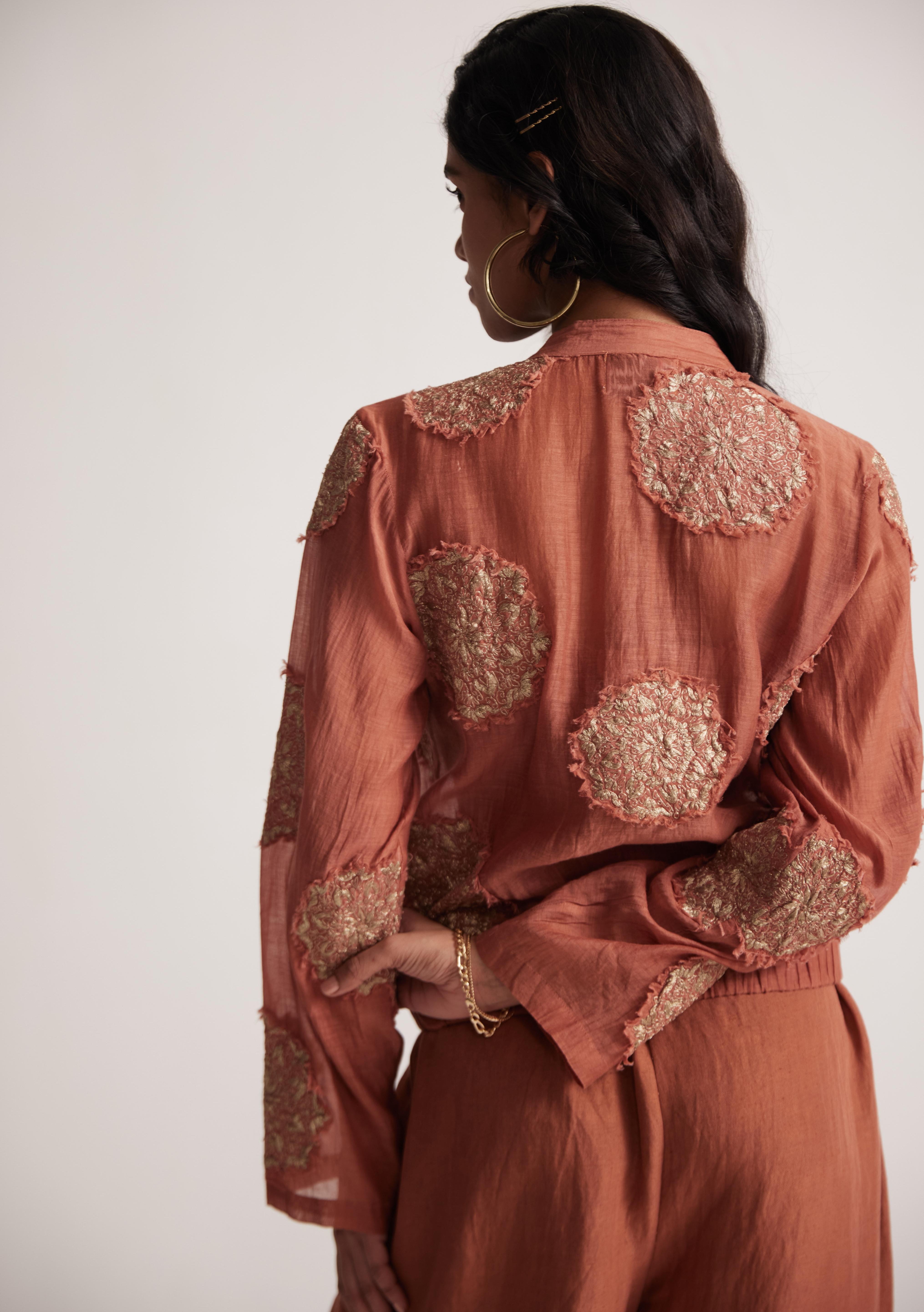 Rust Chanderi Jacket With Zari Mandala Patch Work And Front Zip - Western Era  Embroidery