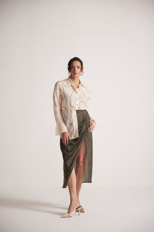 Olive Green Draped Skirt with Side Slit and Back Elastic