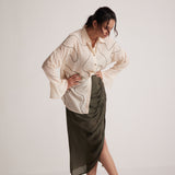 Olive Green Draped Skirt with Side Slit and Back Elastic