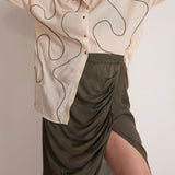 Olive Green Draped Skirt with Side Slit and Back Elastic