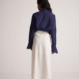 Navy Blue Oversized Cotton Shirt With Front Dori Embroidery