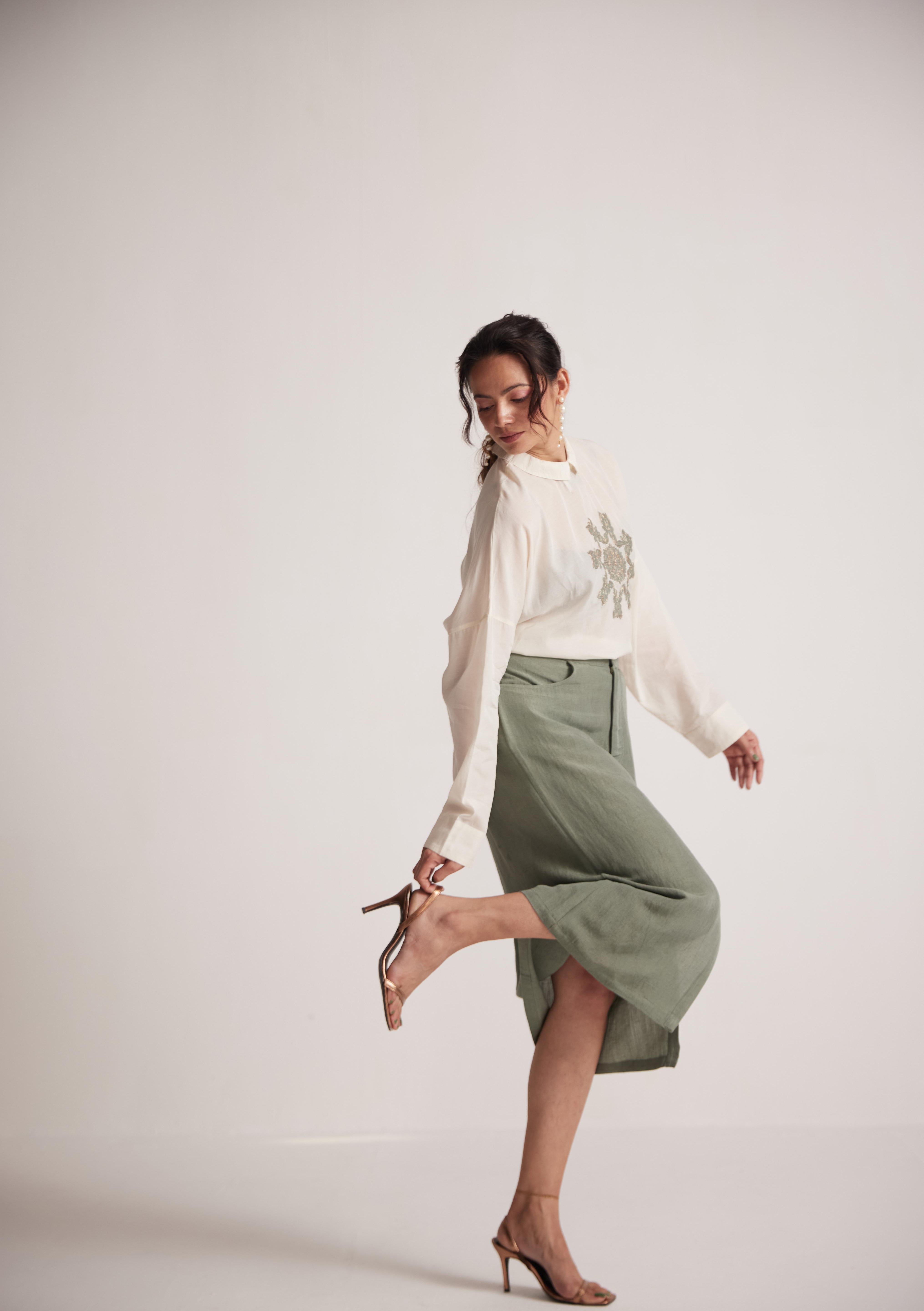 Sage Green Skirt With Front Slit and Side Pocket - Western Era  Bottoms