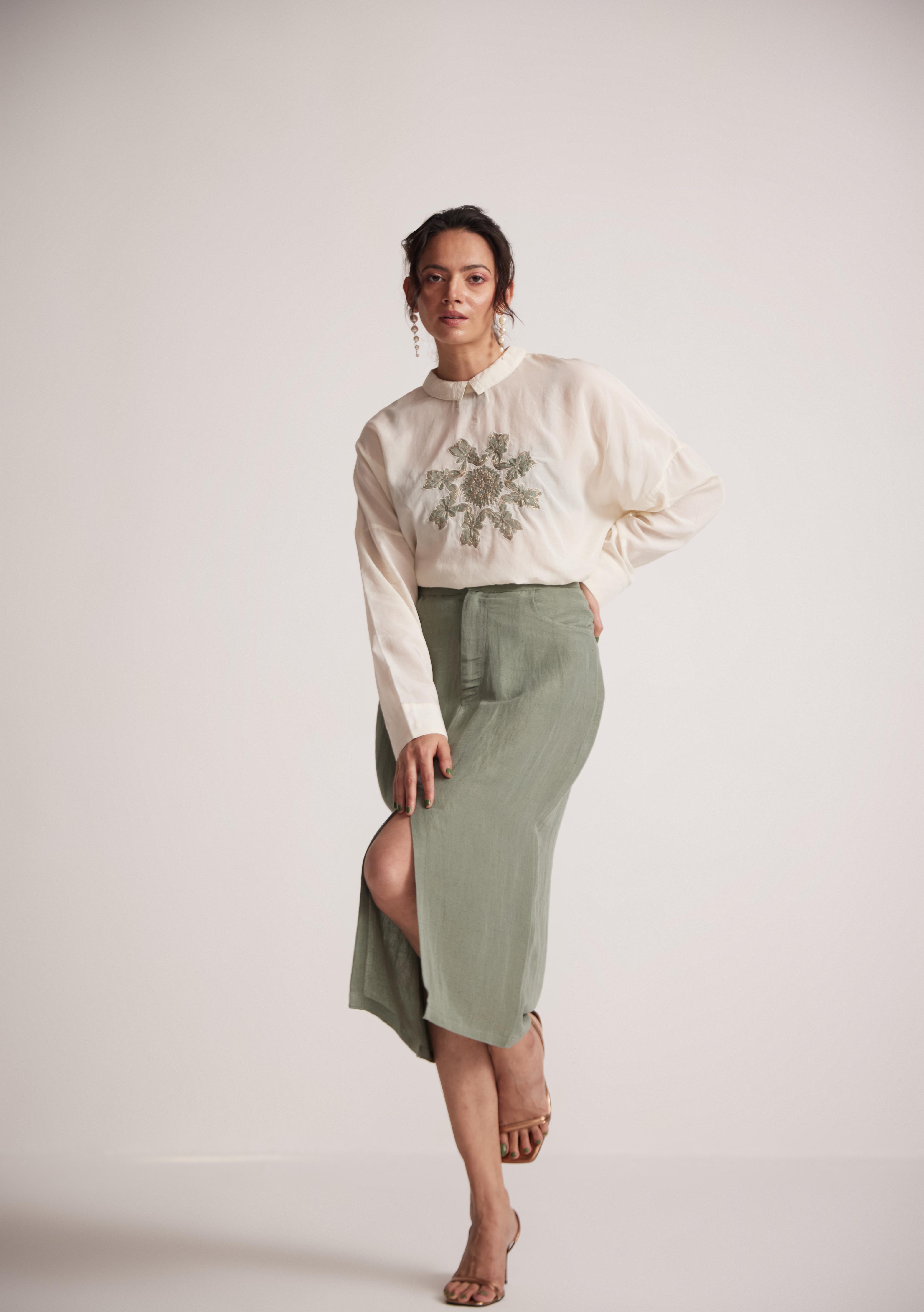 Sage Green Skirt With Front Slit and Side Pocket - Western Era  Bottoms