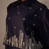 Navy Blue Collar Top With Zari Embroidered Skyline On Front - Western Era  Tops