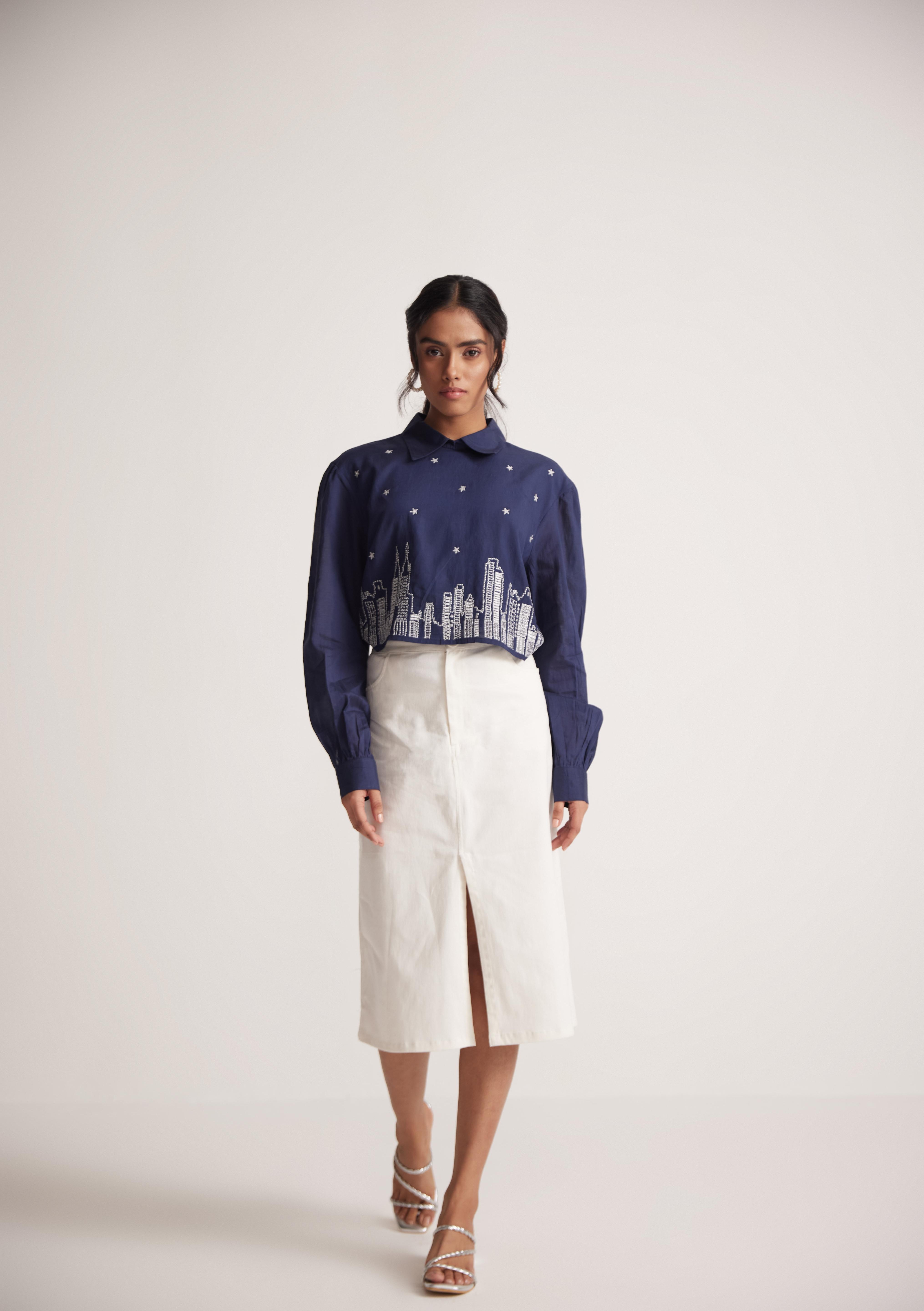 Navy Blue Collar Top With Zari Embroidered Skyline On Front - Western Era  Tops