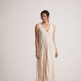 Off-White Event Wear Long Dress with Front Lace Embroidery and Pockets - Western Era  Embroidery