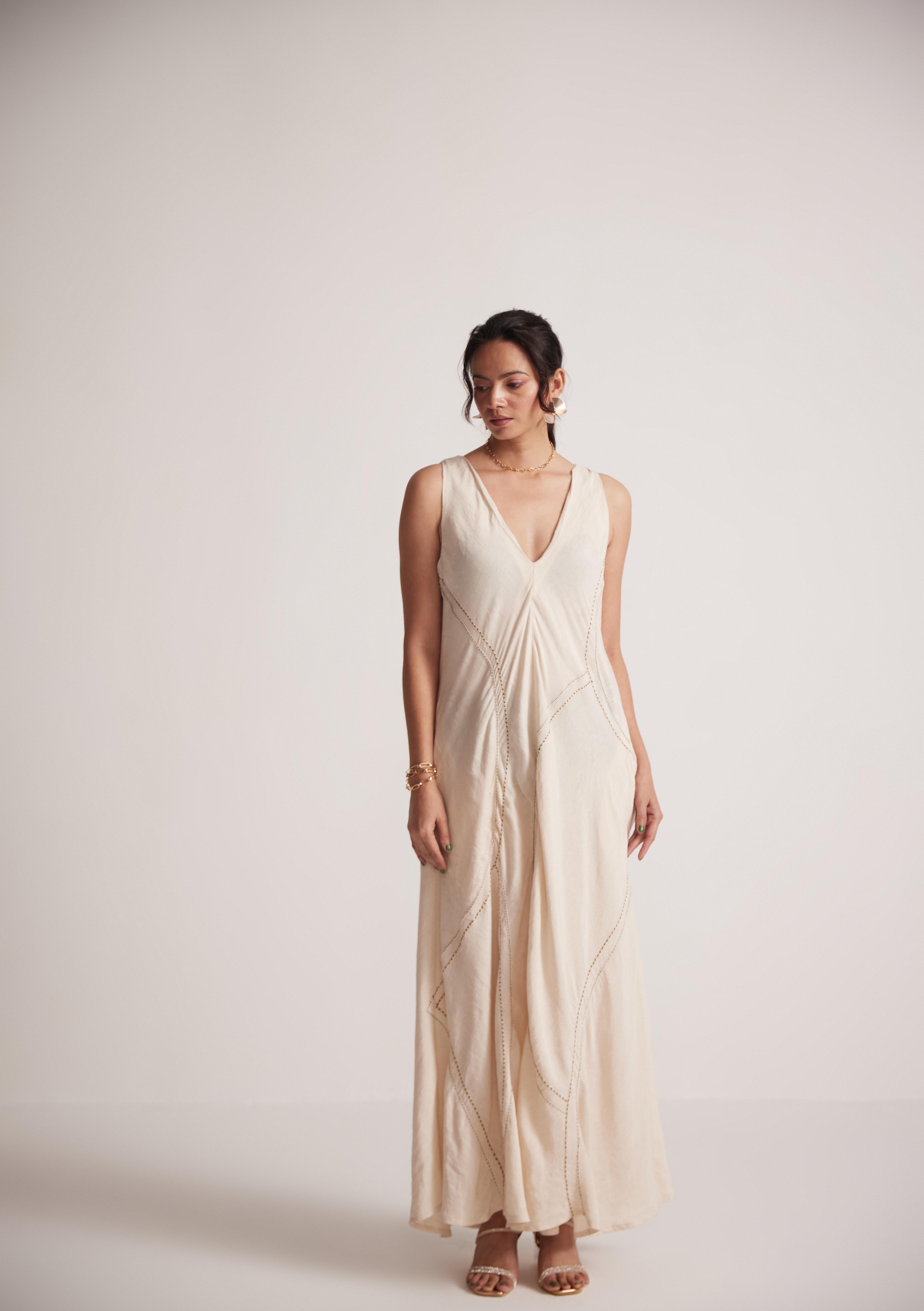 Off-White Event Wear Long Dress with Front Lace Embroidery and Pockets - Western Era  Embroidery