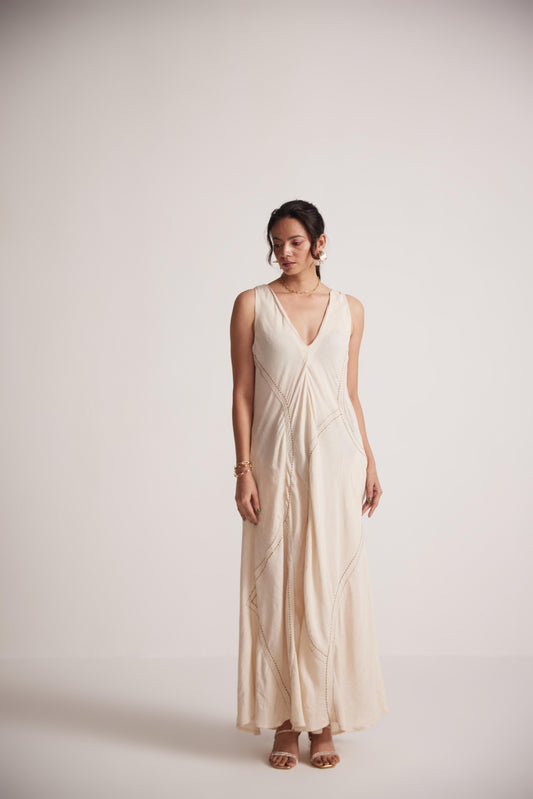 Off-White Event Wear Long Dress with Front Lace Embroidery and Pockets - Western Era  Embroidery