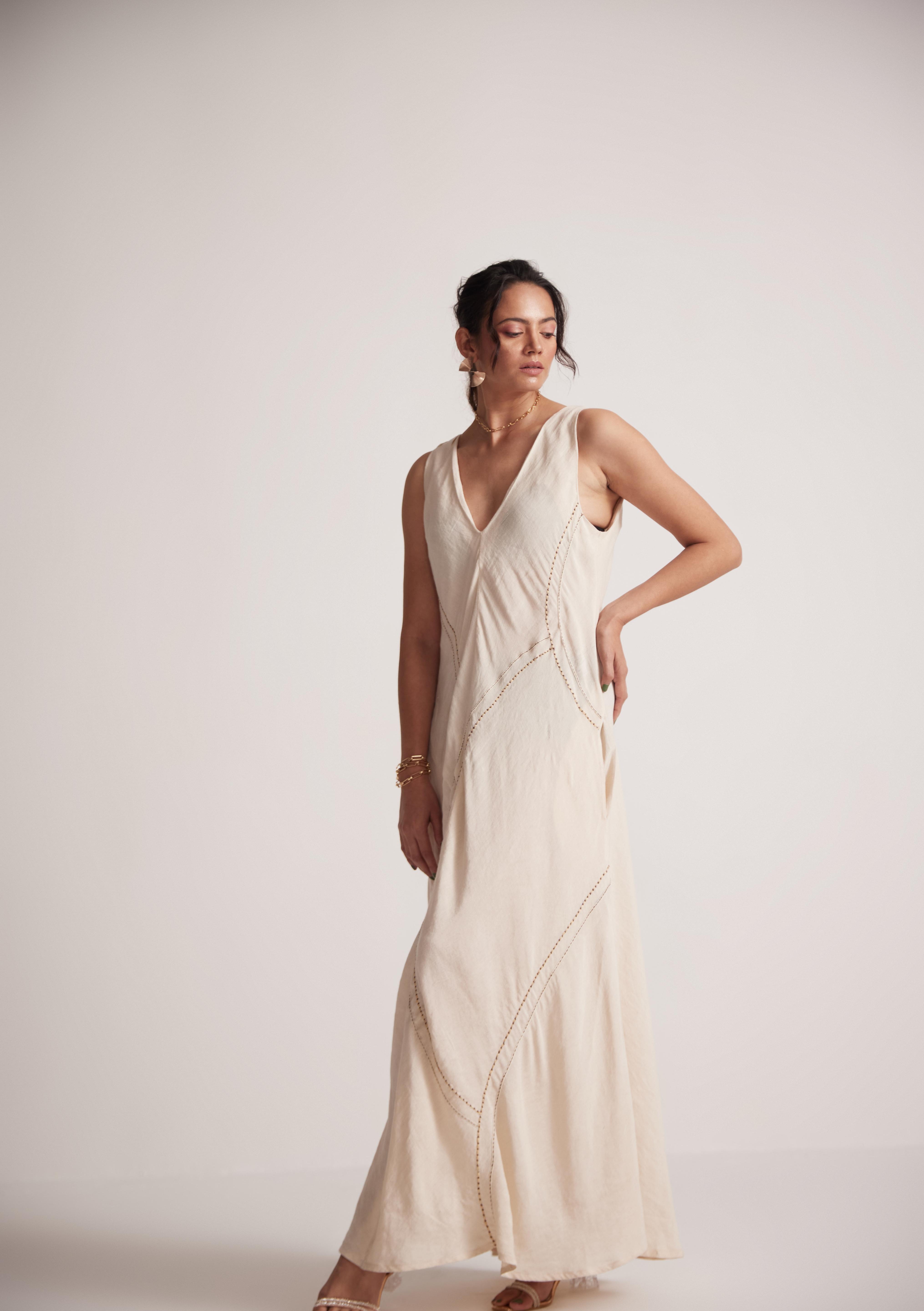 Off-White Event Wear Long Dress with Front Lace Embroidery and Pockets - Western Era  Embroidery