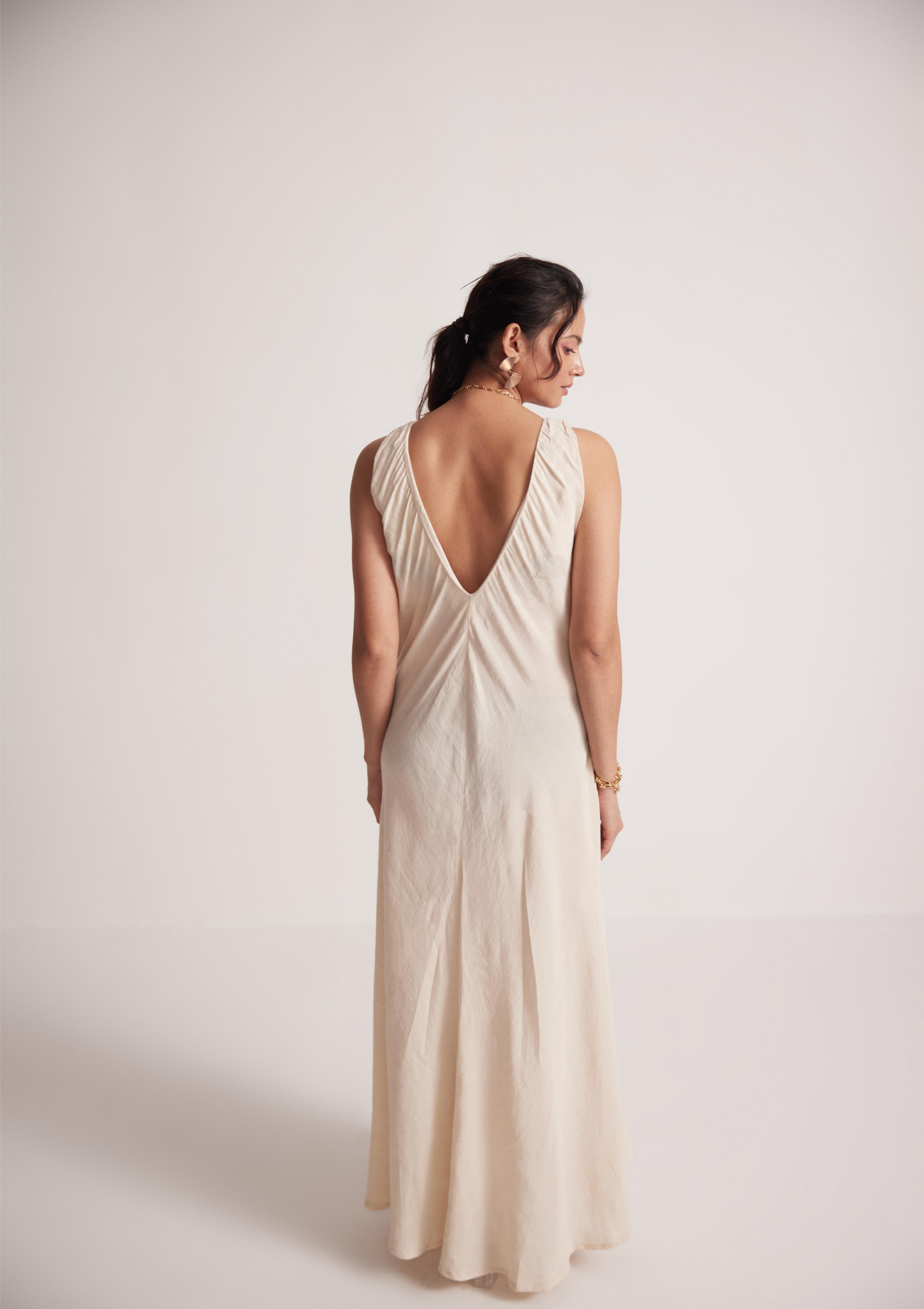 Off-White Event Wear Long Dress with Front Lace Embroidery and Pockets - Western Era  Embroidery