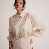 Ivory White Collar Top With Zari Embroidered Skyline On Front