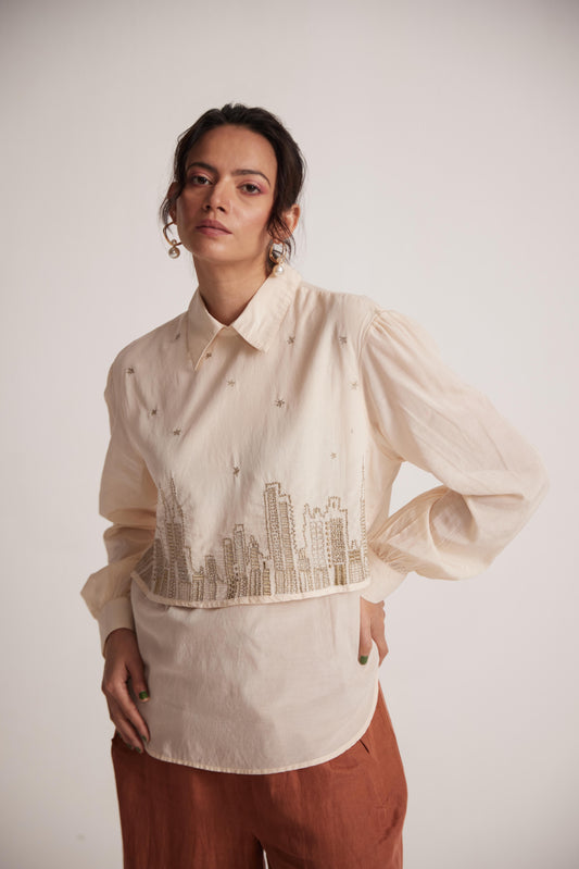 Ivory White Collar Top With Zari Embroidered Skyline On Front