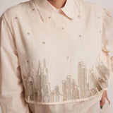 Ivory White Collar Top With Zari Embroidered Skyline On Front