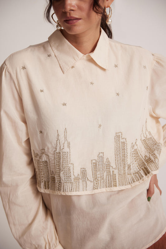 Ivory White Collar Top With Zari Embroidered Skyline On Front