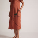 Rust Long Shirt Dress With Front and Back Tree Embroidery - Western Era  Embroidery
